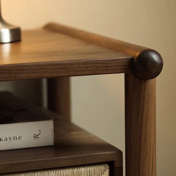 Traditional Japanese Rectangular Black Walnut Rattan Nightstand 1-Drawer For Bedroom - Image 8