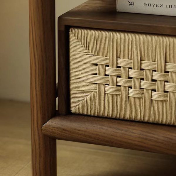 Traditional Japanese Rectangular Black Walnut Rattan Nightstand 1-Drawer For Bedroom - Image 9