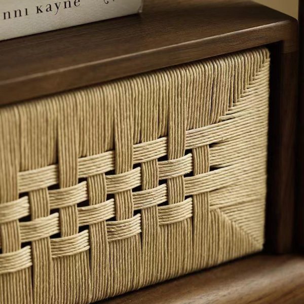Traditional Japanese Rectangular Black Walnut Rattan Nightstand 1-Drawer For Bedroom - Image 10