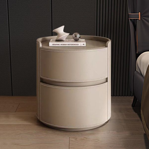 Modern Luxury Round Rock Slab Saddle Leather Nightstand 2-Drawer For Bedroom - Image 10