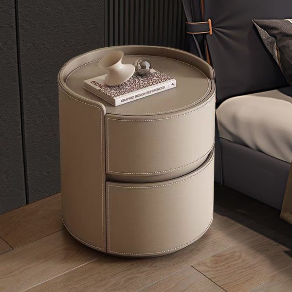 Modern Luxury Round Rock Slab Saddle Leather Nightstand 2-Drawer For Bedroom - Image 8