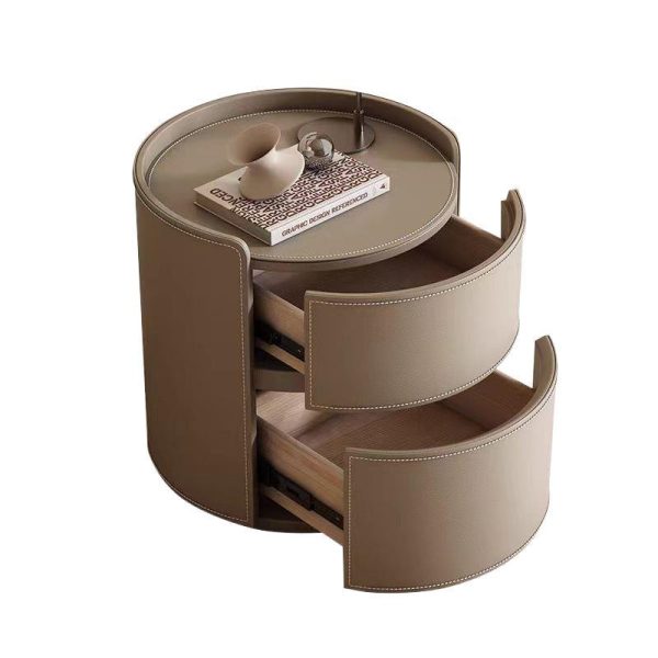 Modern Luxury Round Rock Slab Saddle Leather Nightstand 2-Drawer For Bedroom - Image 13