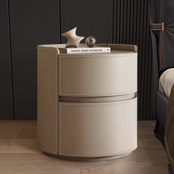 Modern Luxury Round Rock Slab Saddle Leather Nightstand 2-Drawer For Bedroom - Image 3