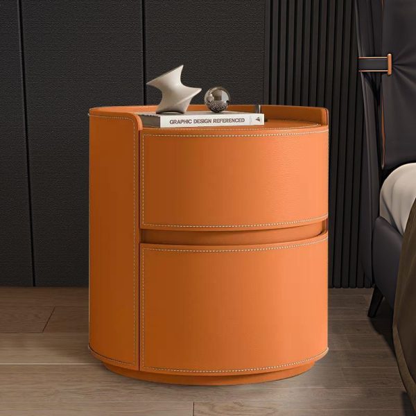 Modern Luxury Round Rock Slab Saddle Leather Nightstand 2-Drawer For Bedroom - Image 2