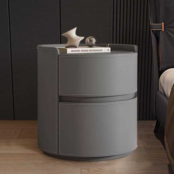 Modern Luxury Round Rock Slab Saddle Leather Nightstand 2-Drawer For Bedroom - Image 11