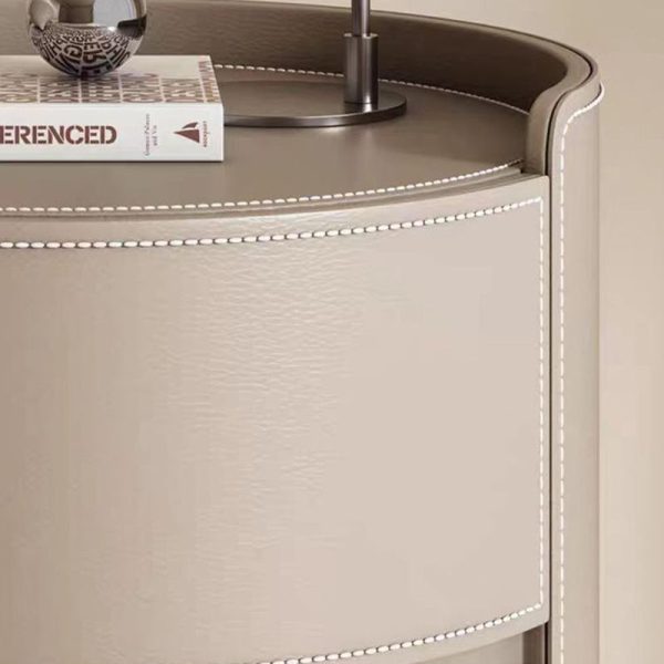 Modern Luxury Round Rock Slab Saddle Leather Nightstand 2-Drawer For Bedroom - Image 7
