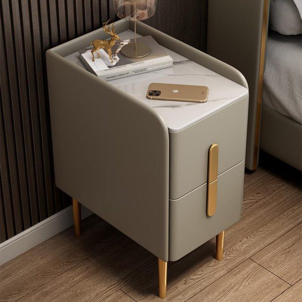 Modern Luxury Rectangular Rock Slab Leather Metal Nightstand 2-Drawer For Bedroom - Image 13