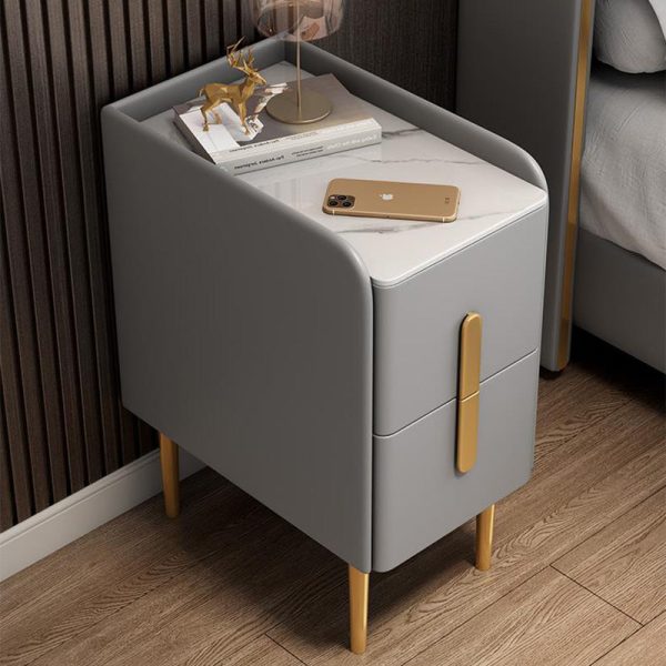 Modern Luxury Rectangular Rock Slab Leather Metal Nightstand 2-Drawer For Bedroom - Image 14