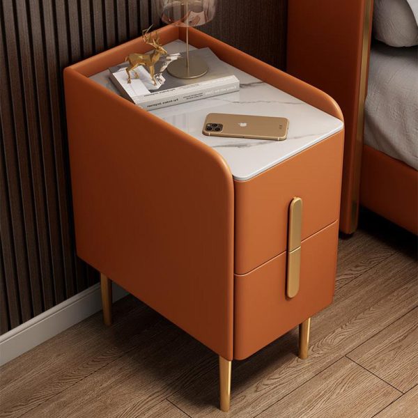 Modern Luxury Rectangular Rock Slab Leather Metal Nightstand 2-Drawer For Bedroom - Image 15
