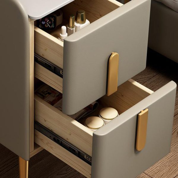 Modern Luxury Rectangular Rock Slab Leather Metal Nightstand 2-Drawer For Bedroom - Image 8