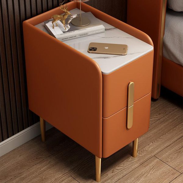 Modern Luxury Rectangular Rock Slab Leather Metal Nightstand 2-Drawer For Bedroom - Image 17