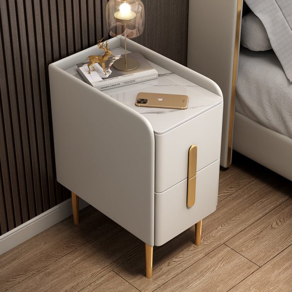 Modern Luxury Rectangular Rock Slab Leather Metal Nightstand 2-Drawer For Bedroom - Image 18