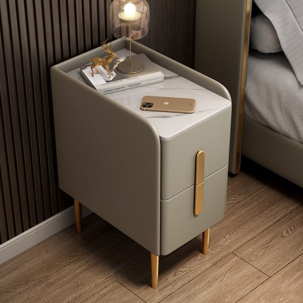 Modern Luxury Rectangular Rock Slab Leather Metal Nightstand 2-Drawer For Bedroom - Image 19