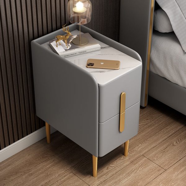 Modern Luxury Rectangular Rock Slab Leather Metal Nightstand 2-Drawer For Bedroom - Image 20