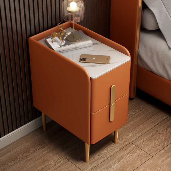 Modern Luxury Rectangular Rock Slab Leather Metal Nightstand 2-Drawer For Bedroom - Image 21