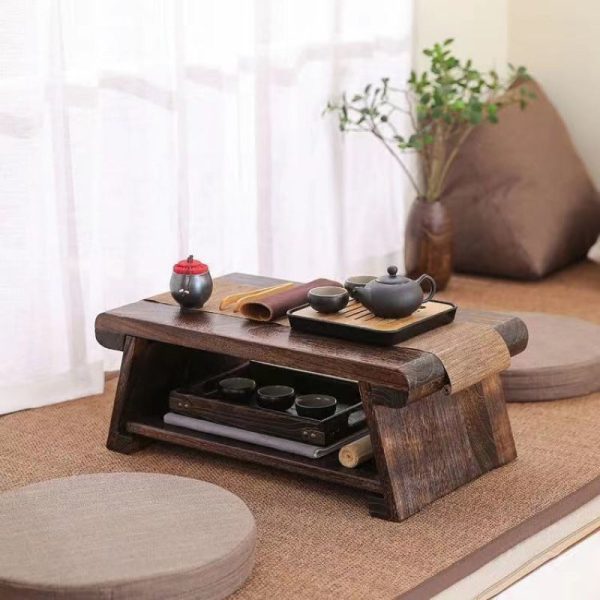 Traditional Japanese Rectangular Solid Wood Coffee Table 1-Shelf For Living Room