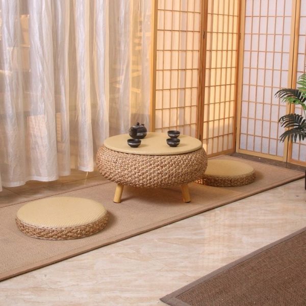 Traditional Japanese Round Rattan Solid Wood Coffee Table 1-Storage For Living Room - Image 23