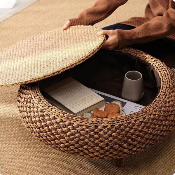Traditional Japanese Round Rattan Solid Wood Coffee Table 1-Storage For Living Room - Image 8