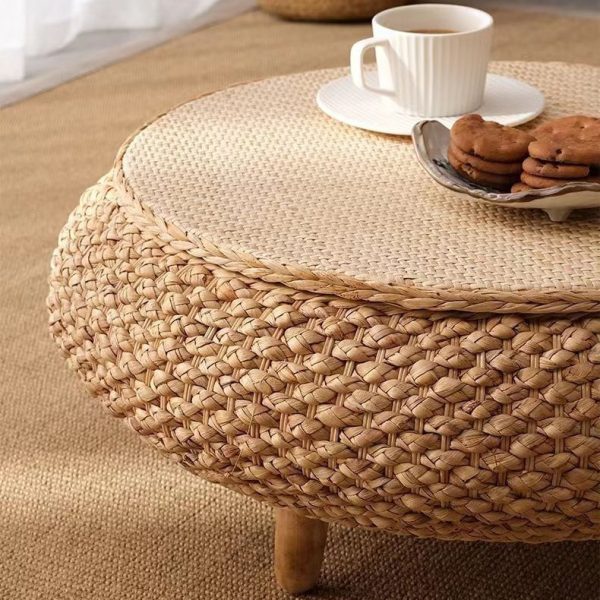 Traditional Japanese Round Rattan Solid Wood Coffee Table 1-Storage For Living Room - Image 6