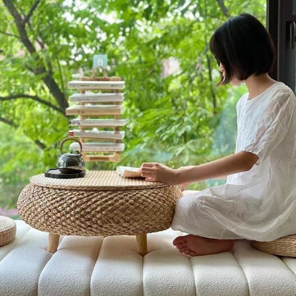 Traditional Japanese Round Rattan Solid Wood Coffee Table 1-Storage For Living Room - Image 25