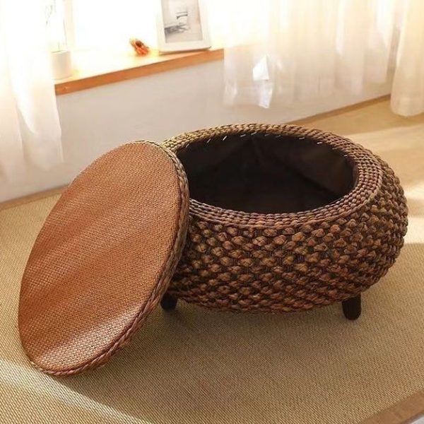 Traditional Japanese Round Rattan Solid Wood Coffee Table 1-Storage For Living Room - Image 3