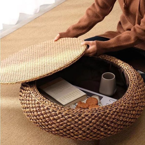 Traditional Japanese Round Rattan Solid Wood Coffee Table 1-Storage For Living Room - Image 15