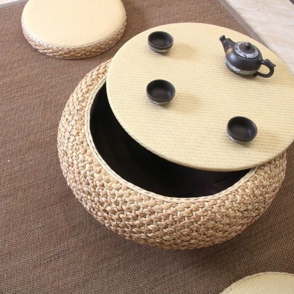 Traditional Japanese Round Rattan Solid Wood Coffee Table 1-Storage For Living Room - Image 13
