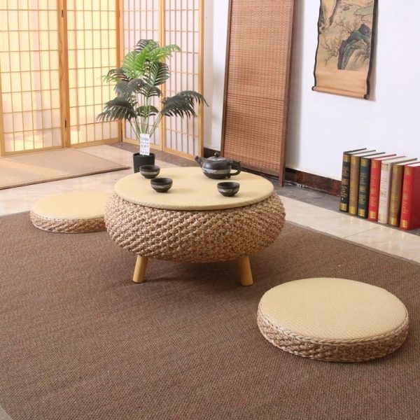 Traditional Japanese Round Rattan Solid Wood Coffee Table 1-Storage For Living Room - Image 29