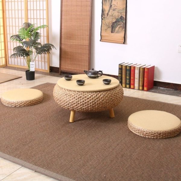 Traditional Japanese Round Rattan Solid Wood Coffee Table 1-Storage For Living Room - Image 30