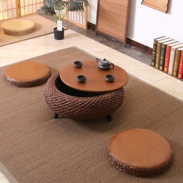 Traditional Japanese Round Rattan Solid Wood Coffee Table 1-Storage For Living Room - Image 31
