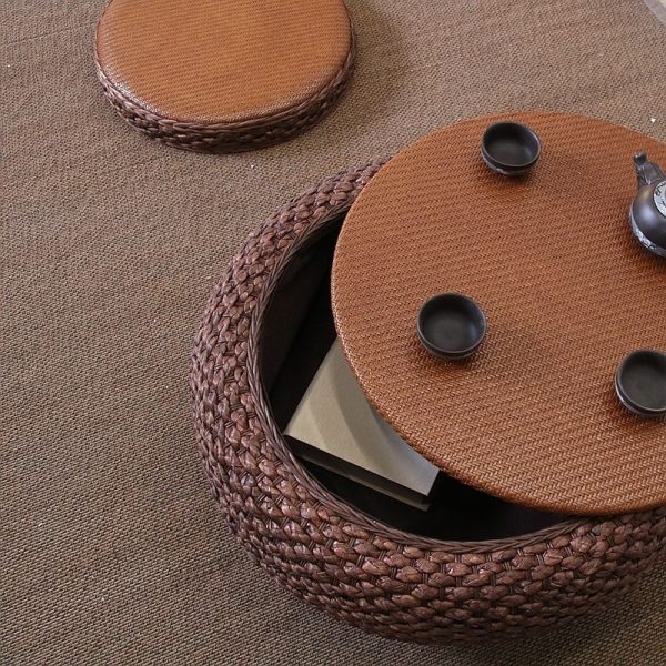 Traditional Japanese Round Rattan Solid Wood Coffee Table 1-Storage For Living Room - Image 32