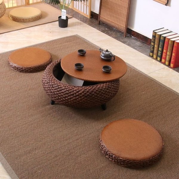 Traditional Japanese Round Rattan Solid Wood Coffee Table 1-Storage For Living Room - Image 33