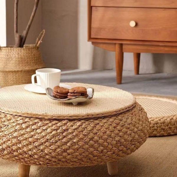 Traditional Japanese Round Rattan Solid Wood Coffee Table 1-Storage For Living Room - Image 14