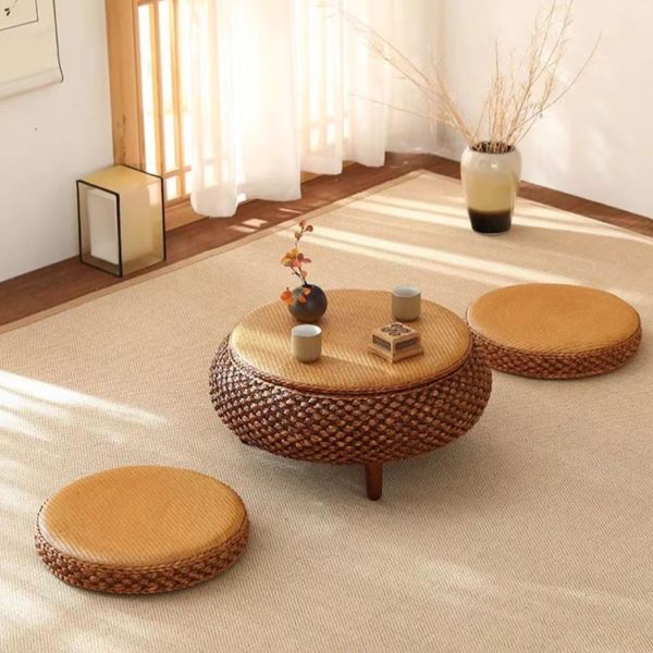 Traditional Japanese Round Rattan Solid Wood Coffee Table 1-Storage For Living Room - Image 35