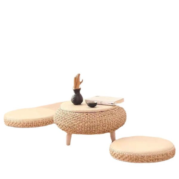 Traditional Japanese Round Rattan Solid Wood Coffee Table 1-Storage For Living Room - Image 38