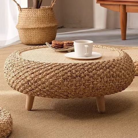 Traditional Japanese Round Rattan Solid Wood Coffee Table 1-Storage For Living Room