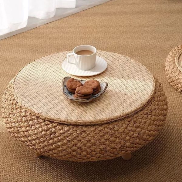 Traditional Japanese Round Rattan Solid Wood Coffee Table 1-Storage For Living Room - Image 16