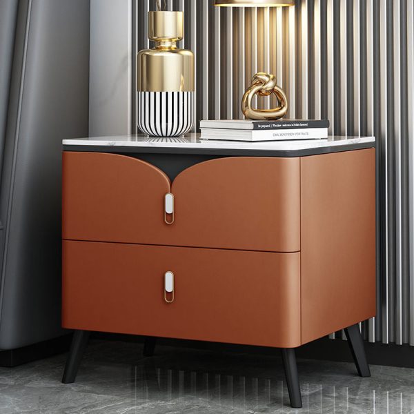 Contemporary Scandinavian Rectangular Slate Solid Wood Carbon Steel Nightstand 2-Drawer For Bedroom - Image 3