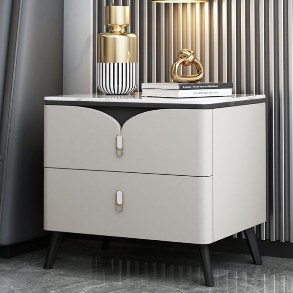 Contemporary Scandinavian Rectangular Slate Solid Wood Carbon Steel Nightstand 2-Drawer For Bedroom - Image 2
