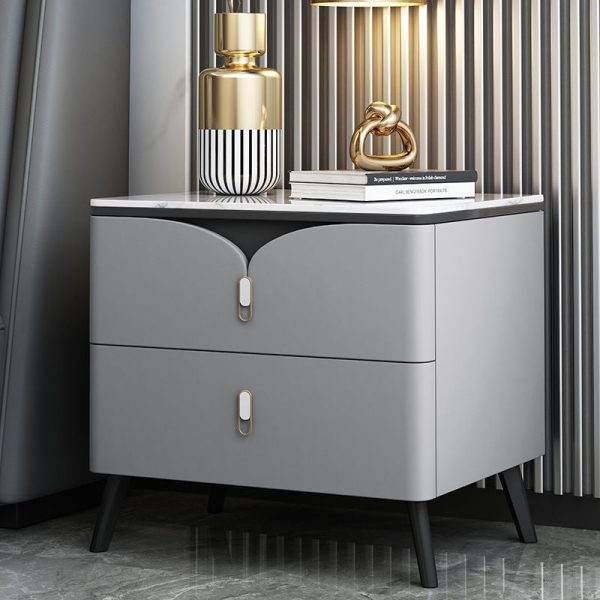 Contemporary Scandinavian Rectangular Slate Solid Wood Carbon Steel Nightstand 2-Drawer For Bedroom - Image 9