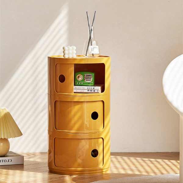 Contemporary Scandinavian Round Plastic Nightstand 3-Storage For Bedroom - Image 2