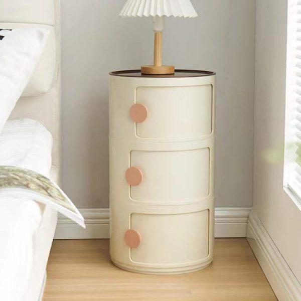 Contemporary Scandinavian Round Plastic Nightstand 3-Storage For Bedroom - Image 3