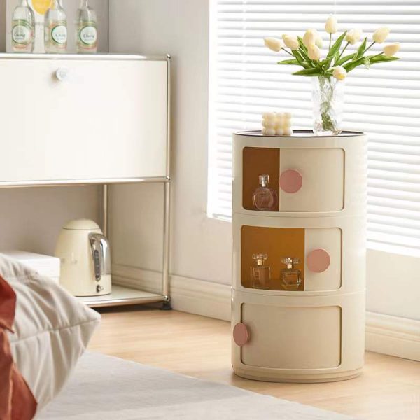 Contemporary Scandinavian Round Plastic Nightstand 3-Storage For Bedroom - Image 14