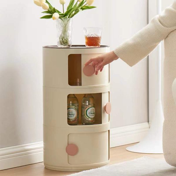 Contemporary Scandinavian Round Plastic Nightstand 3-Storage For Bedroom - Image 13