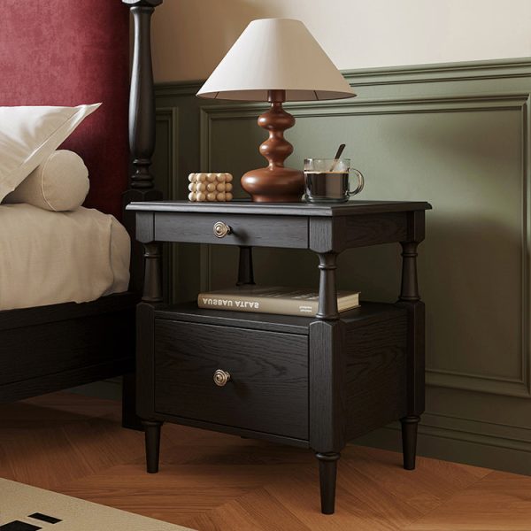 Traditional French Rectangular Ash Wood Metal Nightstand 2-Drawer For Bedroom - Image 2