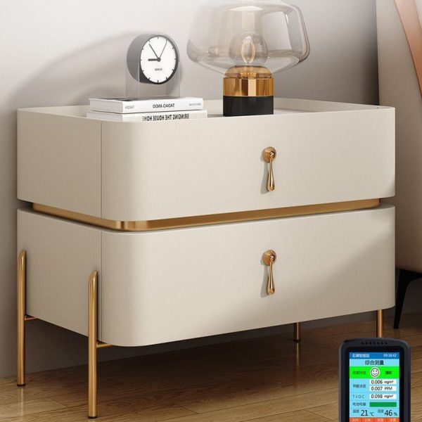 Modern Luxury Rectangular Microfiber Leather Marble Slab Solid Wood Metal Nightstand 2-Drawer For Bedroom - Image 10