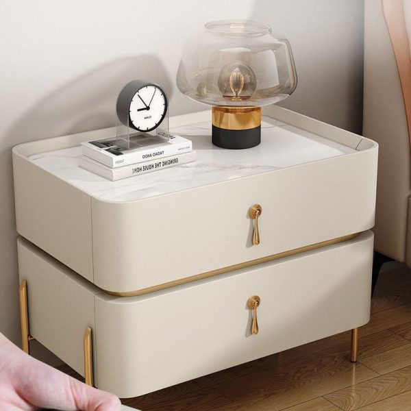 Modern Luxury Rectangular Microfiber Leather Marble Slab Solid Wood Metal Nightstand 2-Drawer For Bedroom - Image 3