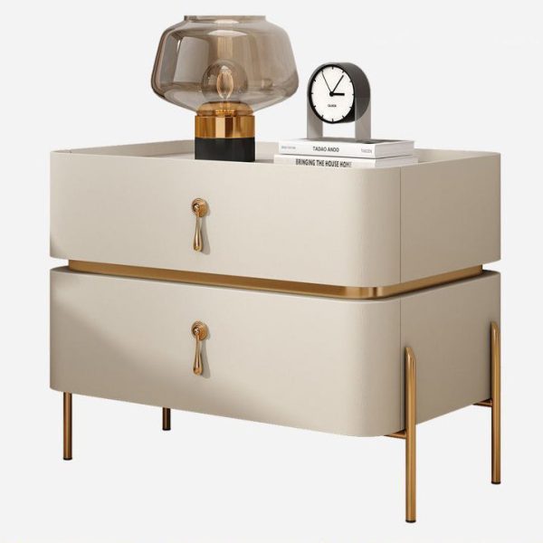 Modern Luxury Rectangular Microfiber Leather Marble Slab Solid Wood Metal Nightstand 2-Drawer For Bedroom - Image 24