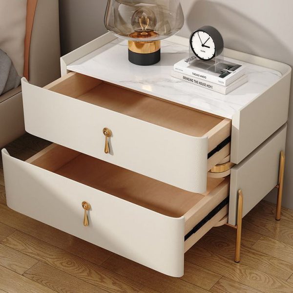 Modern Luxury Rectangular Microfiber Leather Marble Slab Solid Wood Metal Nightstand 2-Drawer For Bedroom - Image 13
