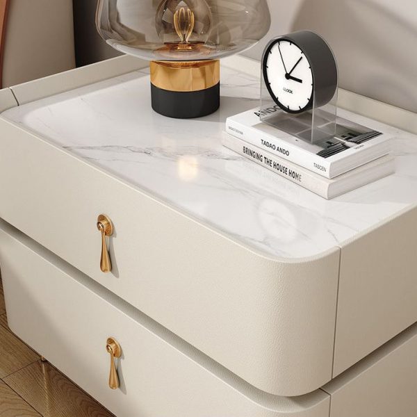Modern Luxury Rectangular Microfiber Leather Marble Slab Solid Wood Metal Nightstand 2-Drawer For Bedroom - Image 5